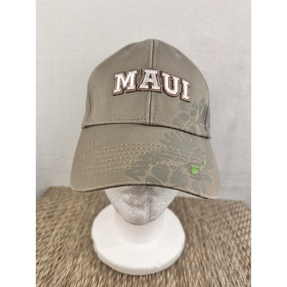 Maui Hawaii Hat Taupe Green Islands Reef Pattern Flex Strap Back Flag Logo Cap - Picture 1 of 12